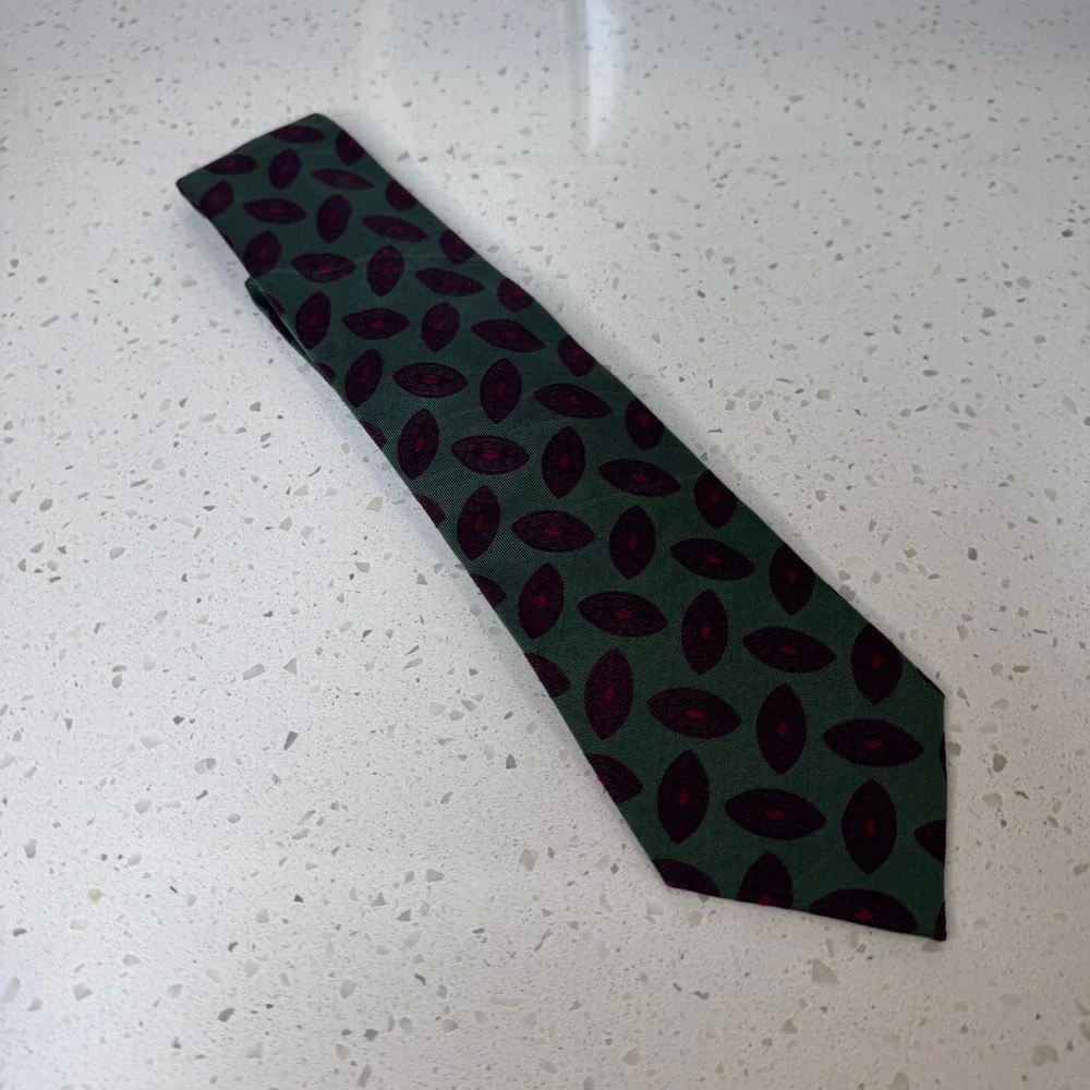 Y2K Coach Mens Silk Tie Green Burgundy Geometric Medallion Handmade in Italy